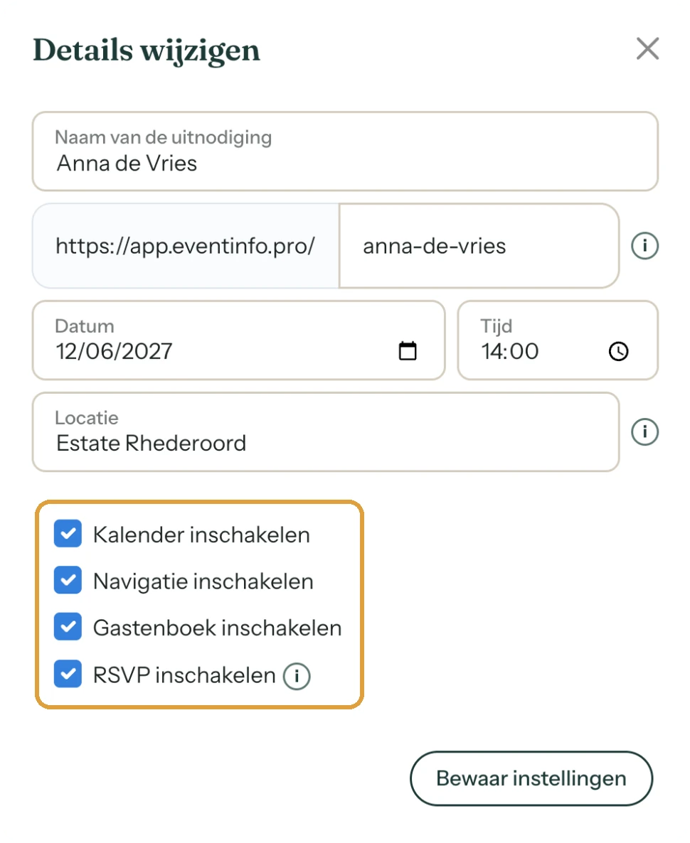 Het venster Details wijzigen met onder meer het vinkje Gastenboek inschakelen
