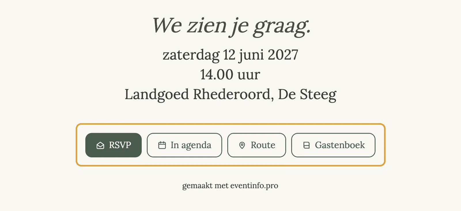 De knoppen RSVP, In agenda, Route en Gastenboek onderaan een uitnodiging