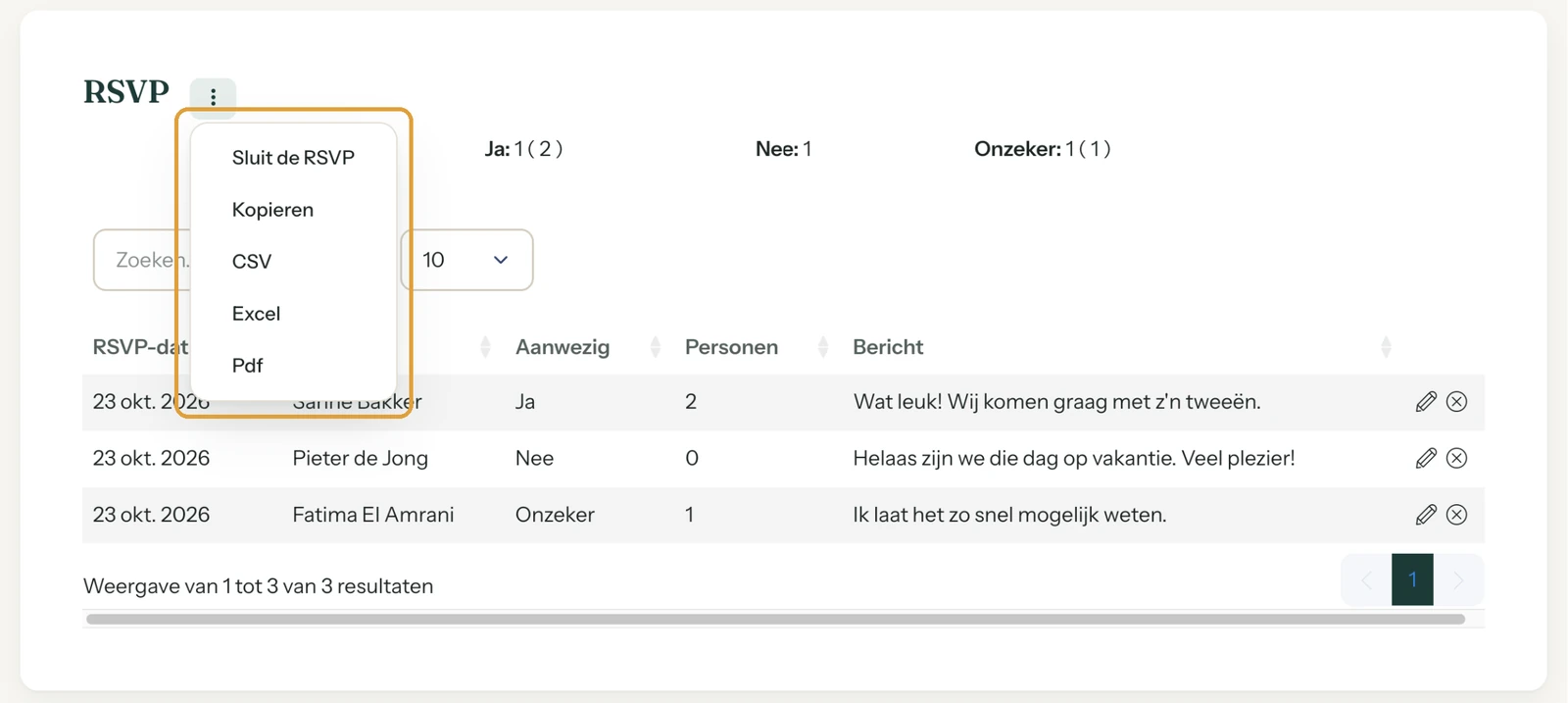 Het menu op de RSVP-pagina met Sluit de RSVP, Kopieren, CSV, Excel en Pdf
