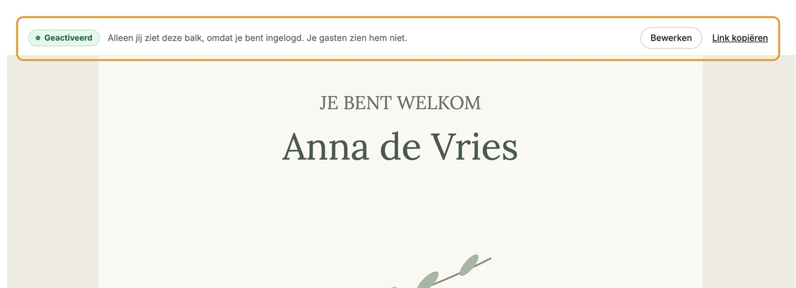 Een uitnodiging met bovenaan de balk Voorbeeld, Nog niet geactiveerd
