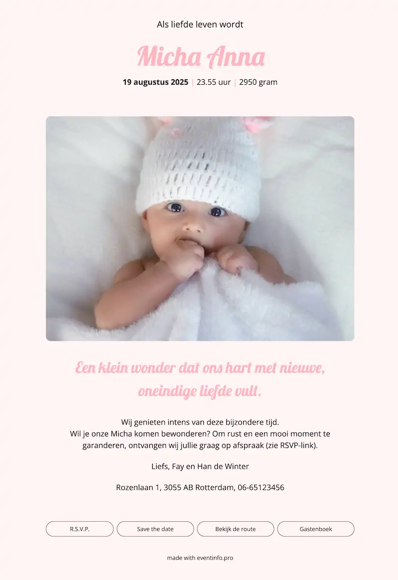 Lief roze digitaal geboortekaartje