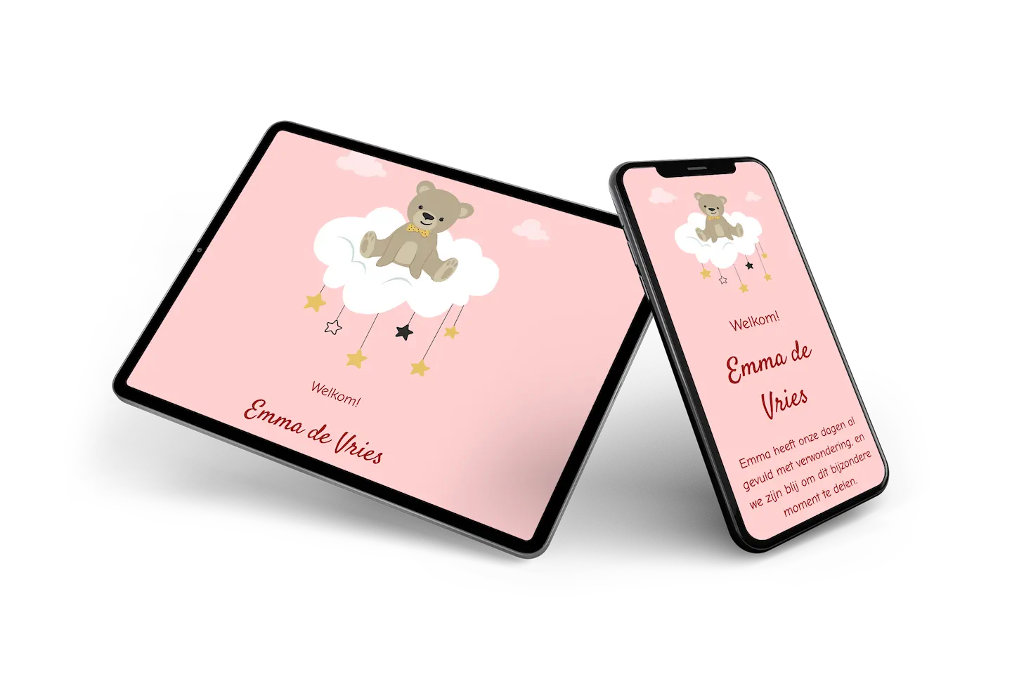 Knuffelig online geboortekaartje met beer en wolken &ndash; voorbeeld 2