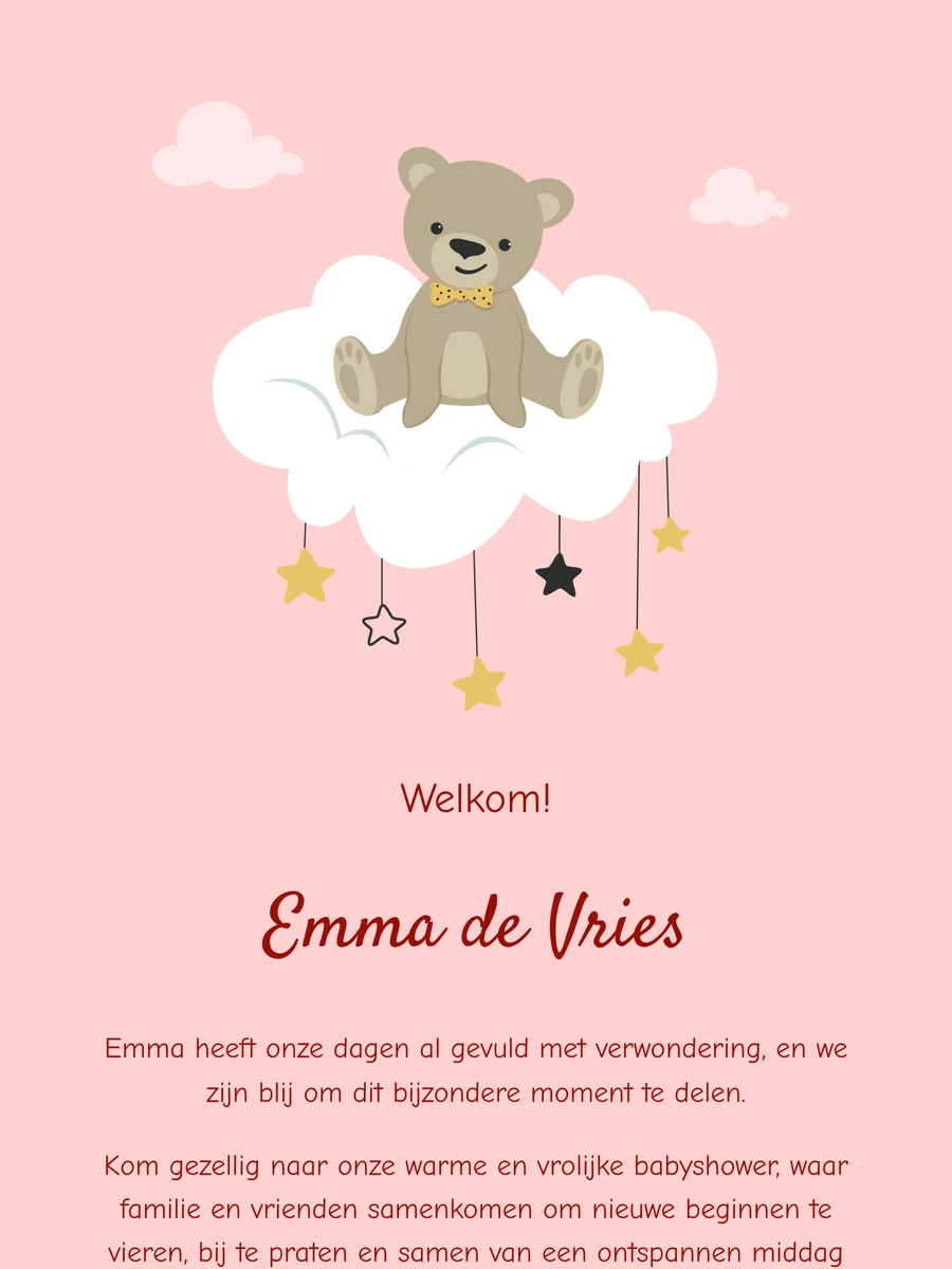 Knuffelig online geboortekaartje met beer en wolken