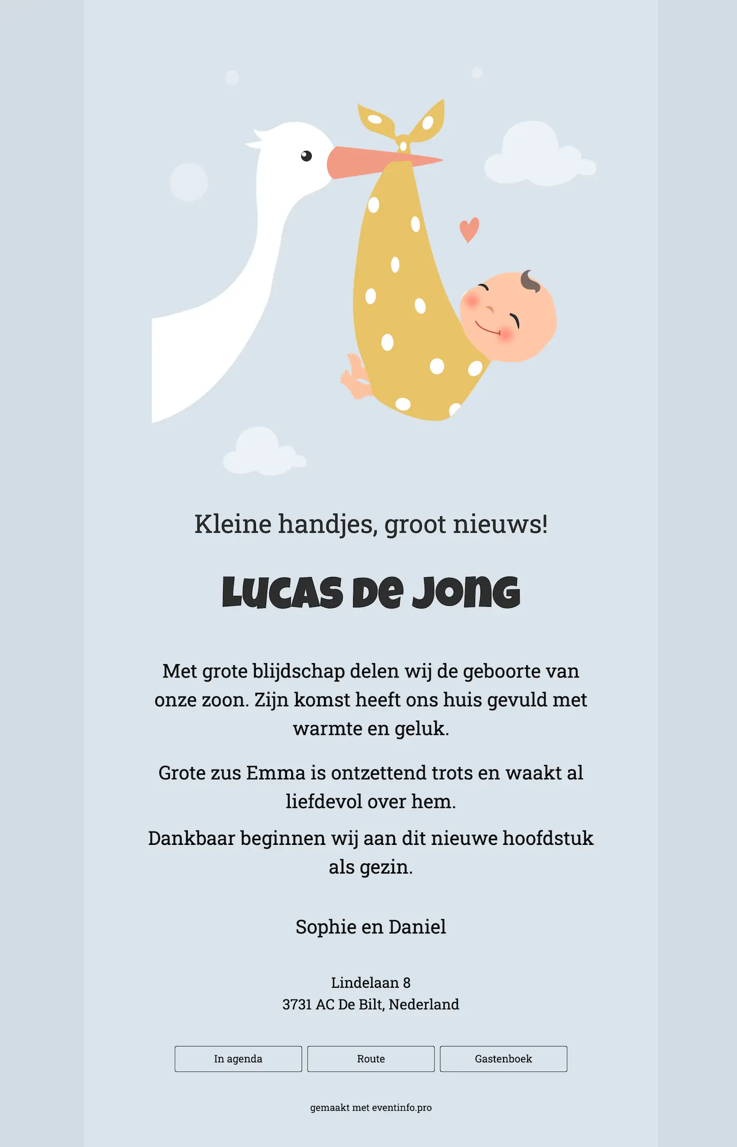 Online geboortekaart met ooievaar
