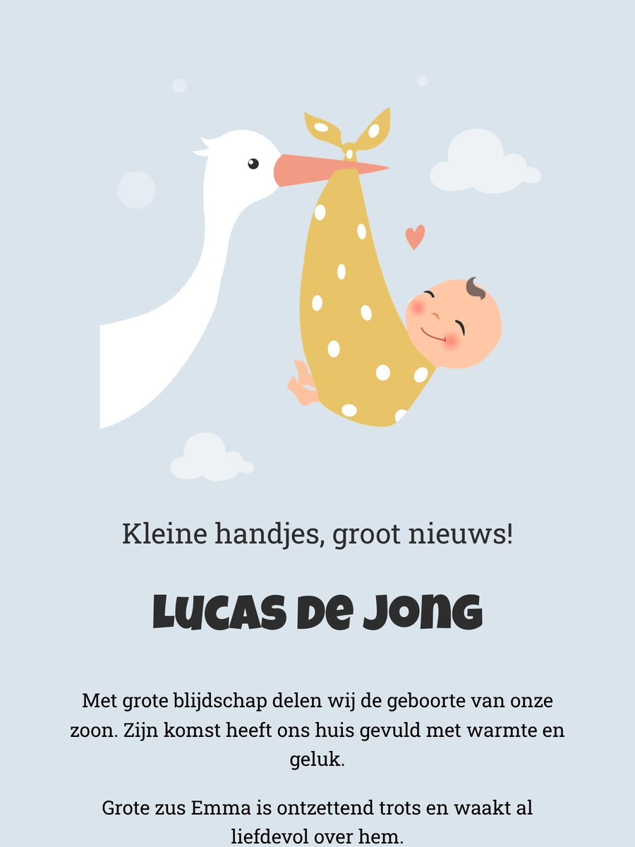Klassiek online geboortekaartje met een ooievaar