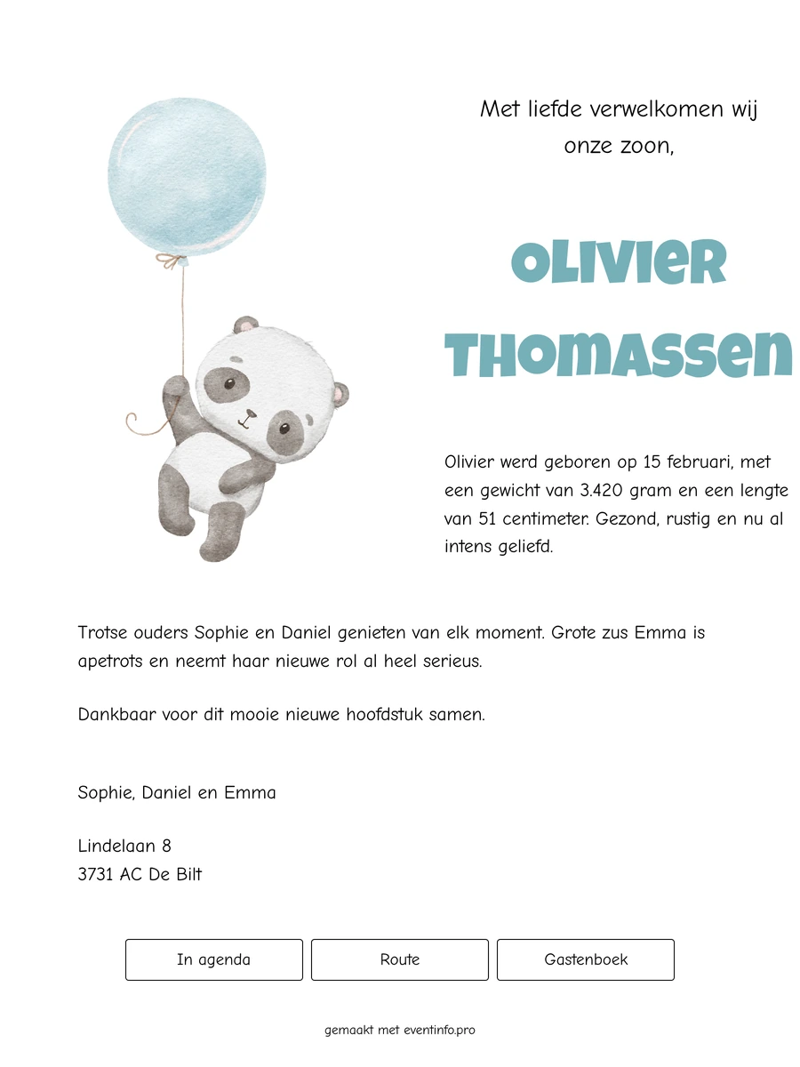 Online geboortekaartje met een pandabeertje