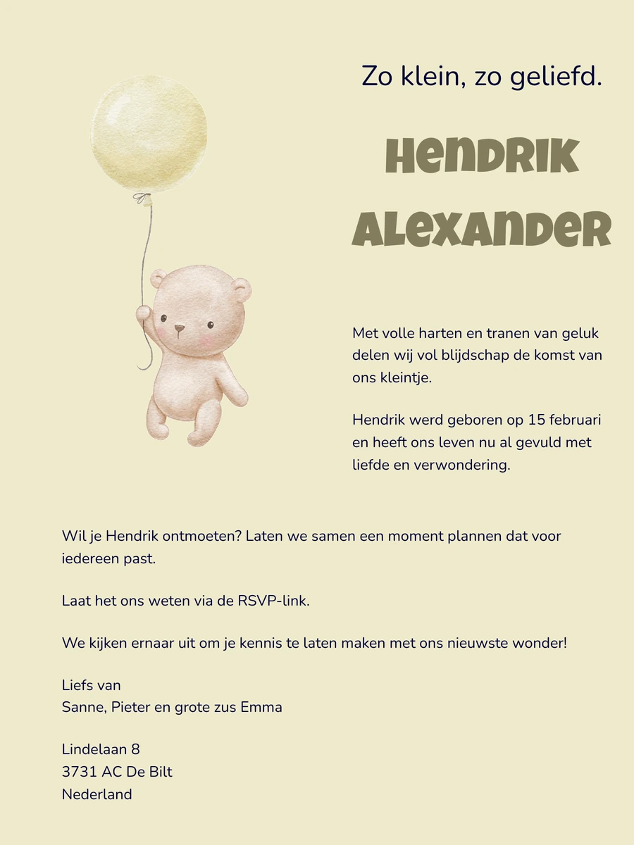 Speels online geboortekaartje met een beertje