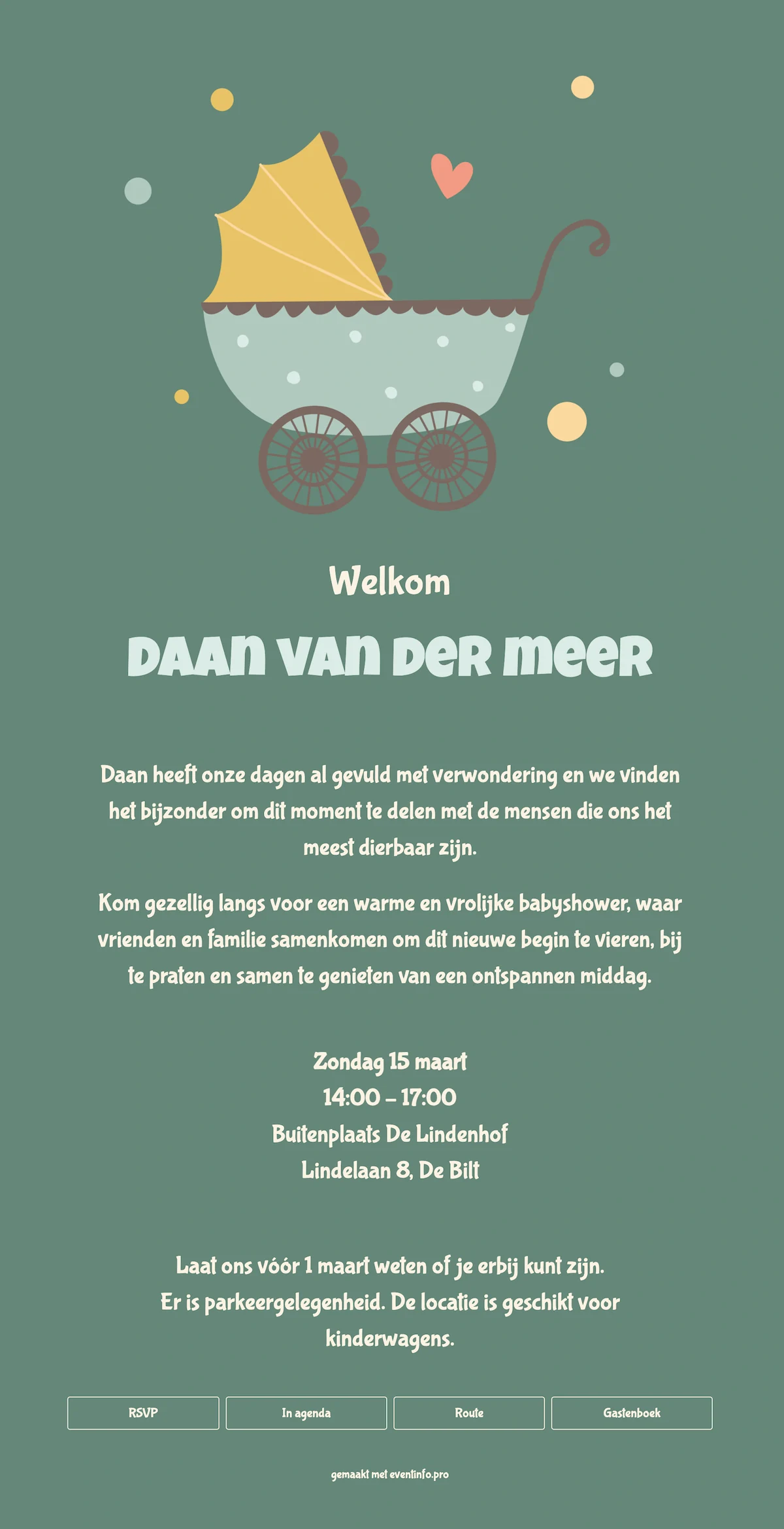 Digitaal geboortekaartje in saliegroen met kinderwagen