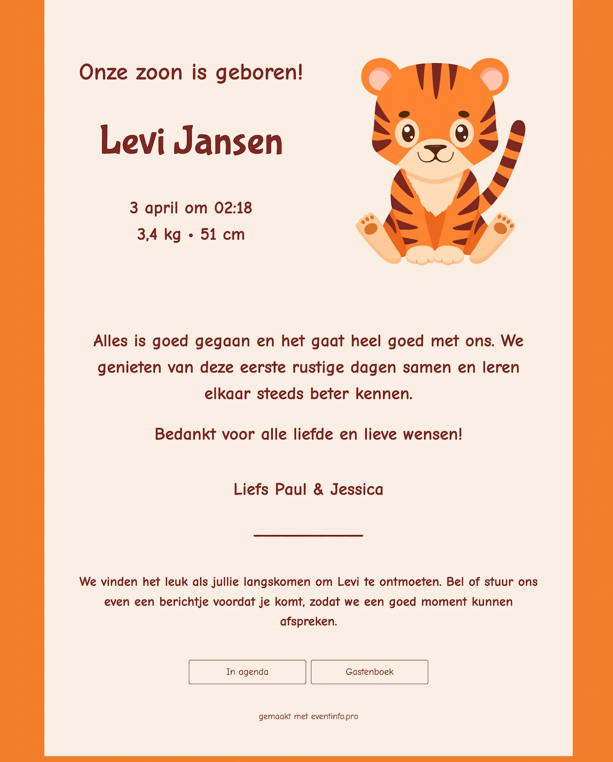 Speels online geboortekaartje met een tijgertje