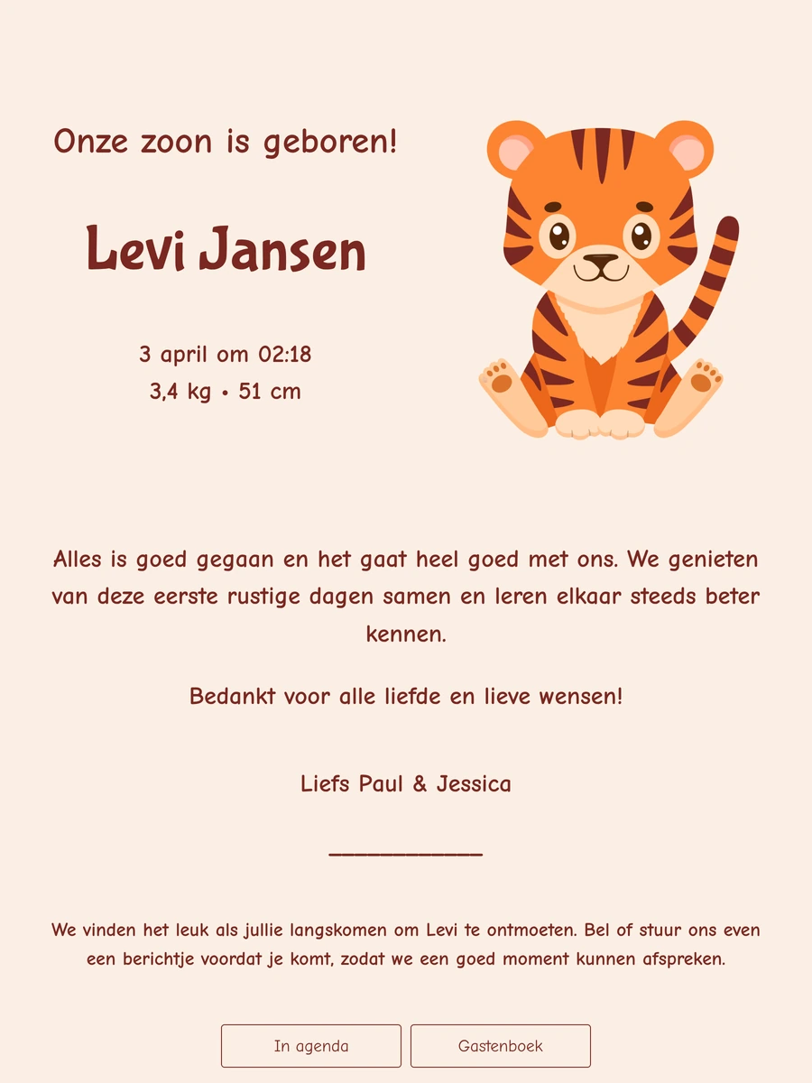 Speels online geboortekaartje met een tijgertje