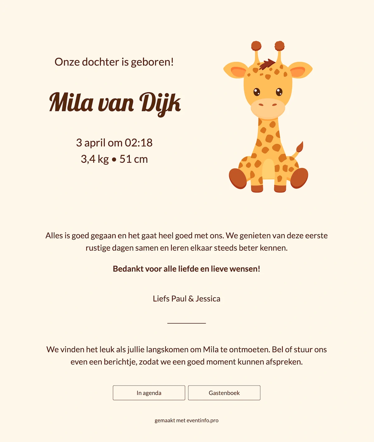 Warm geboortekaartje met giraffe