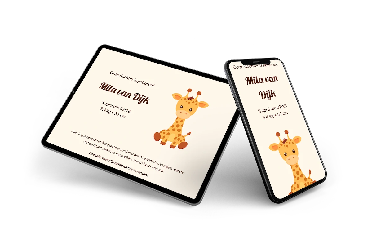 Warm online geboortekaartje met een giraffe &ndash; voorbeeld 2