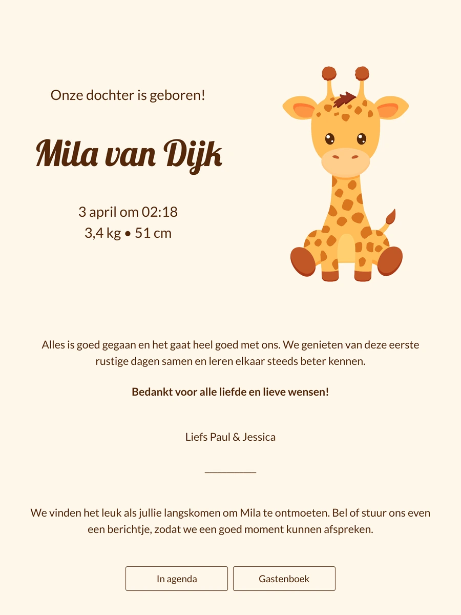 Warm online geboortekaartje met een giraffe